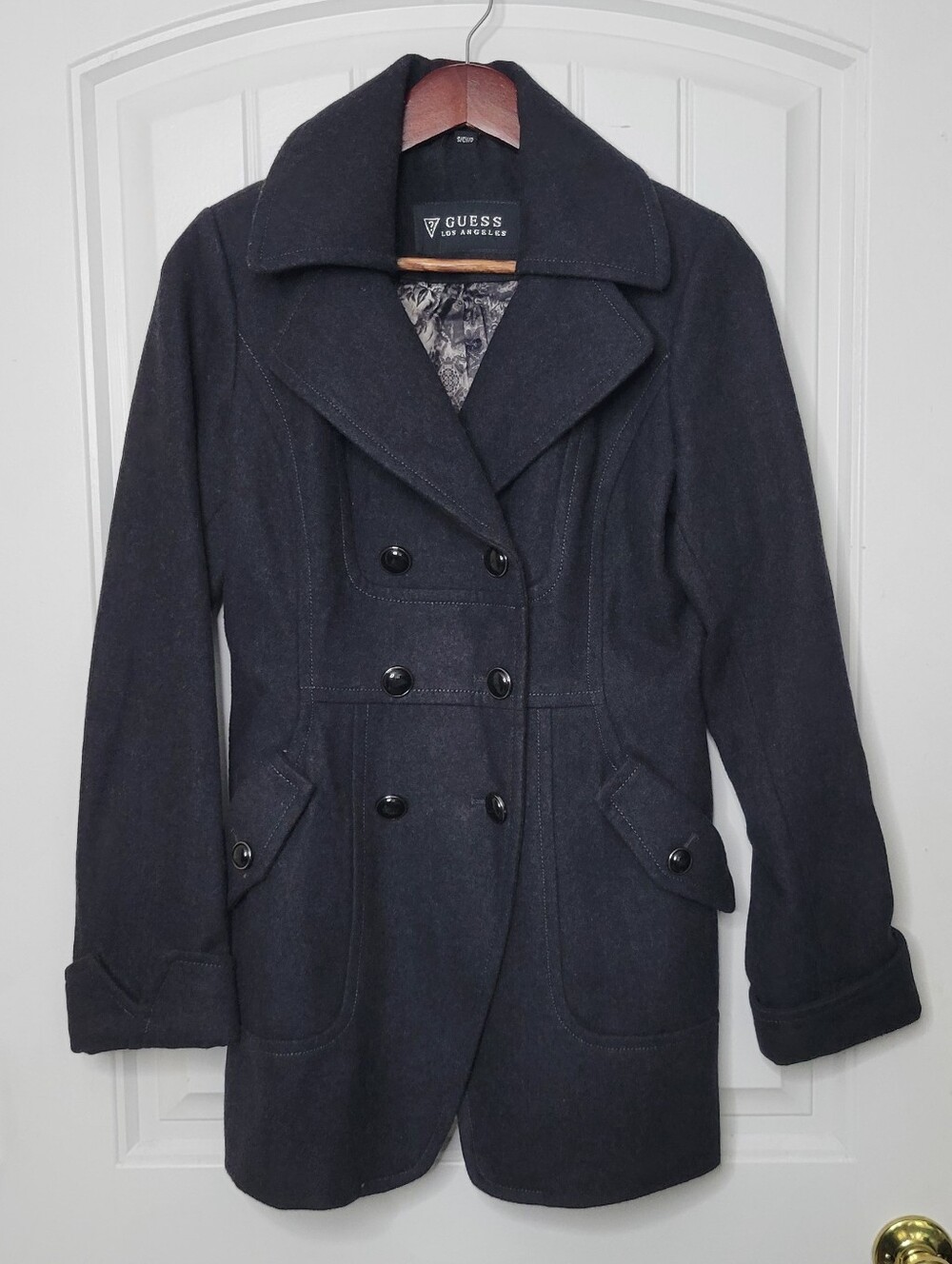 GUESS Charcoal Wool Blend Double-Breasted Peacoat with Wide Lapel